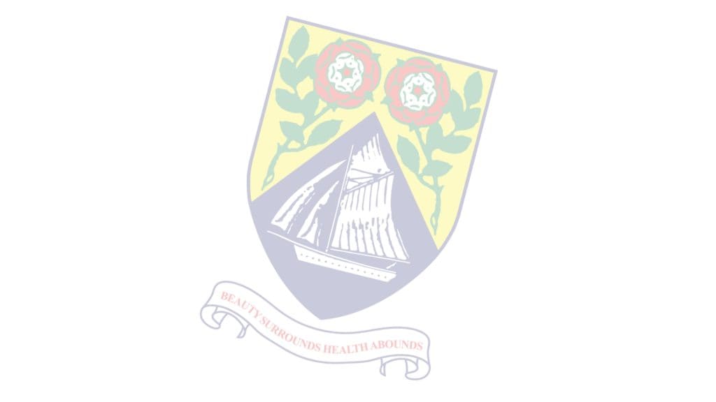 A watermark version of the Morecambe Town Council logo - the historic coat of arms for Morecambe and Heysham Borough depicting a traditional sailing ship on a background of dark blue, with a pair of red roses either side on a background of yellow, all set within a shield. The motto 'Beauty Surrounds, Health Abounds' is in red type within a scroll beneath the shield.